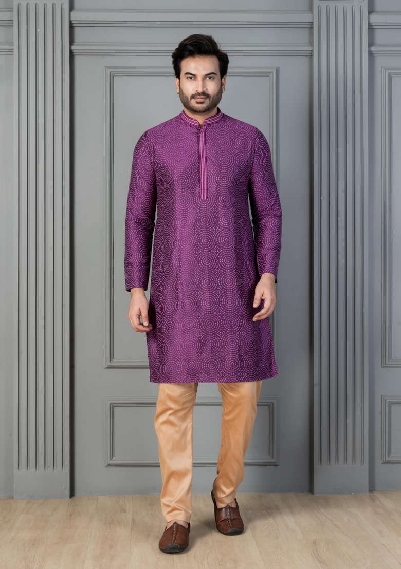 Purple Embroidery Silk Kurta Set For Men - Indya