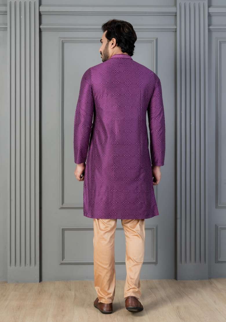Purple Embroidery Silk Kurta Set For Men - Indya