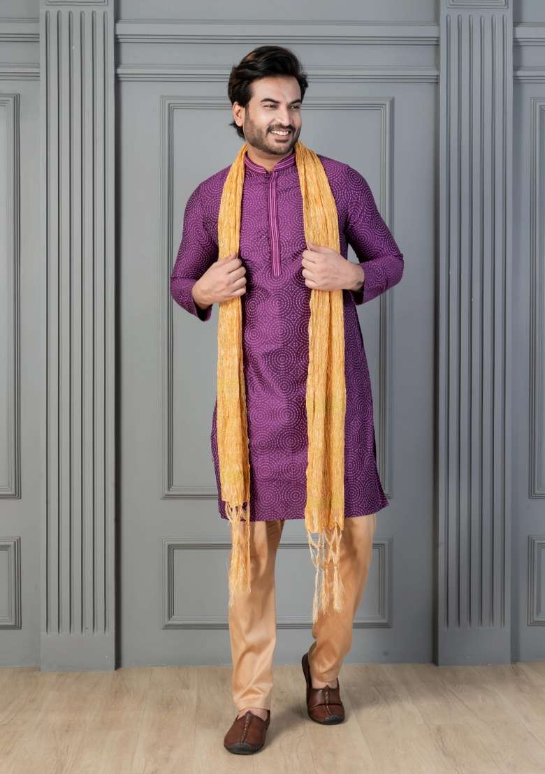 Purple Embroidery Silk Kurta Set For Men - Indya