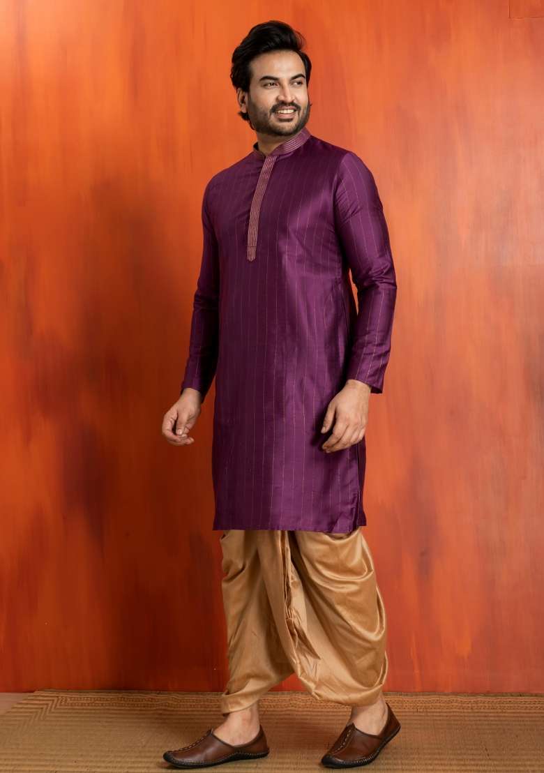 Purple Embroidery Silk Kurta Dhoti For Men - Indya