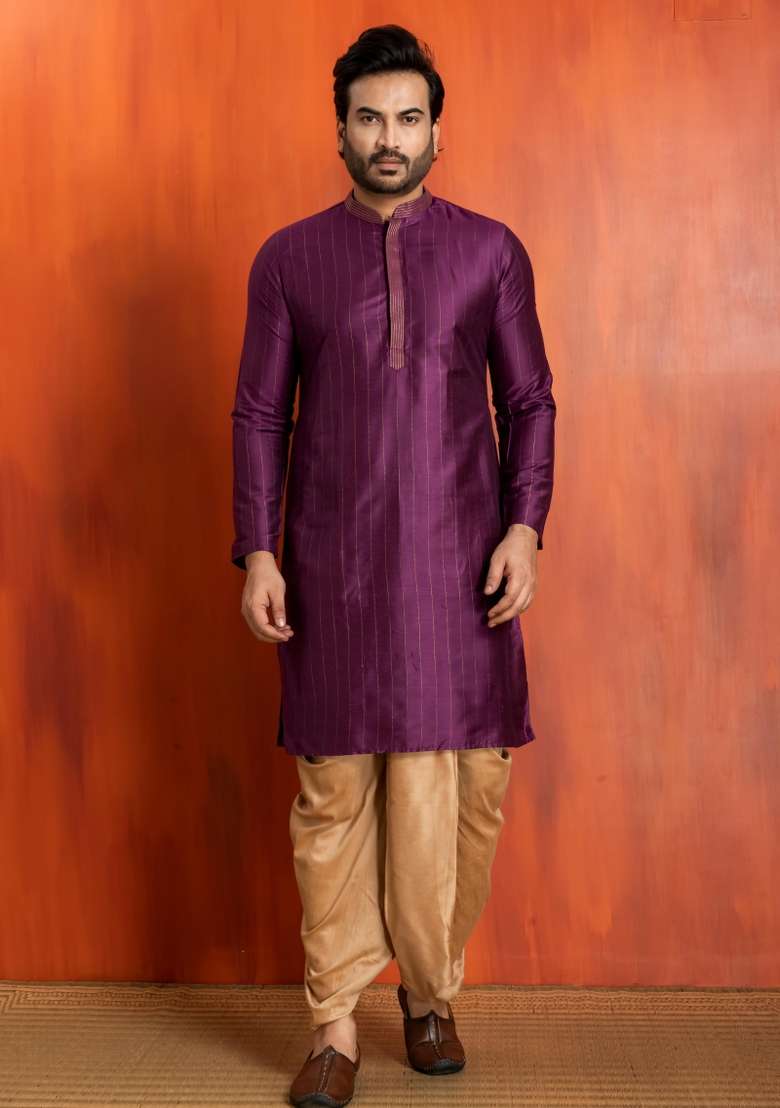 Purple Embroidery Silk Kurta Dhoti For Men - Indya