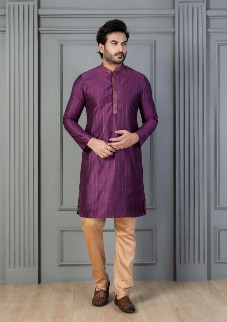 Purple Embroidery Silk Kurta Set For Men - Indya