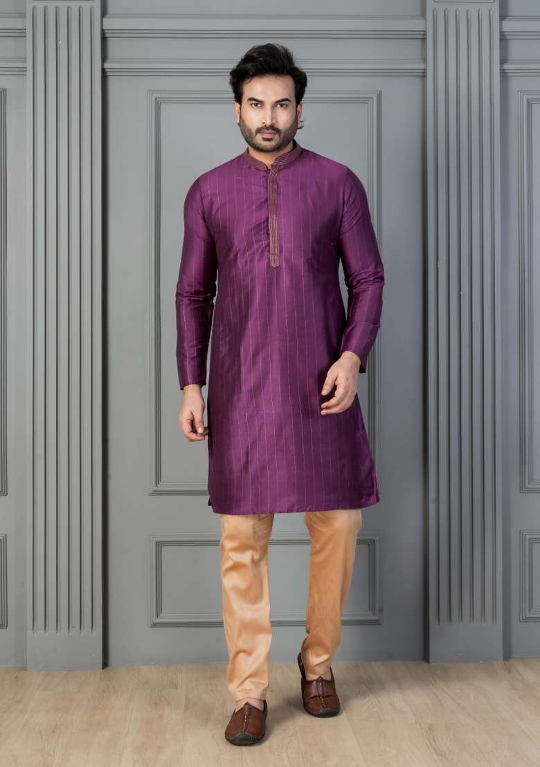Purple Embroidery Silk Kurta Set For Men - Indya
