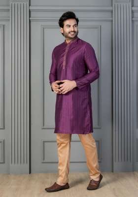 Purple Embroidery Silk Kurta Set For Men
