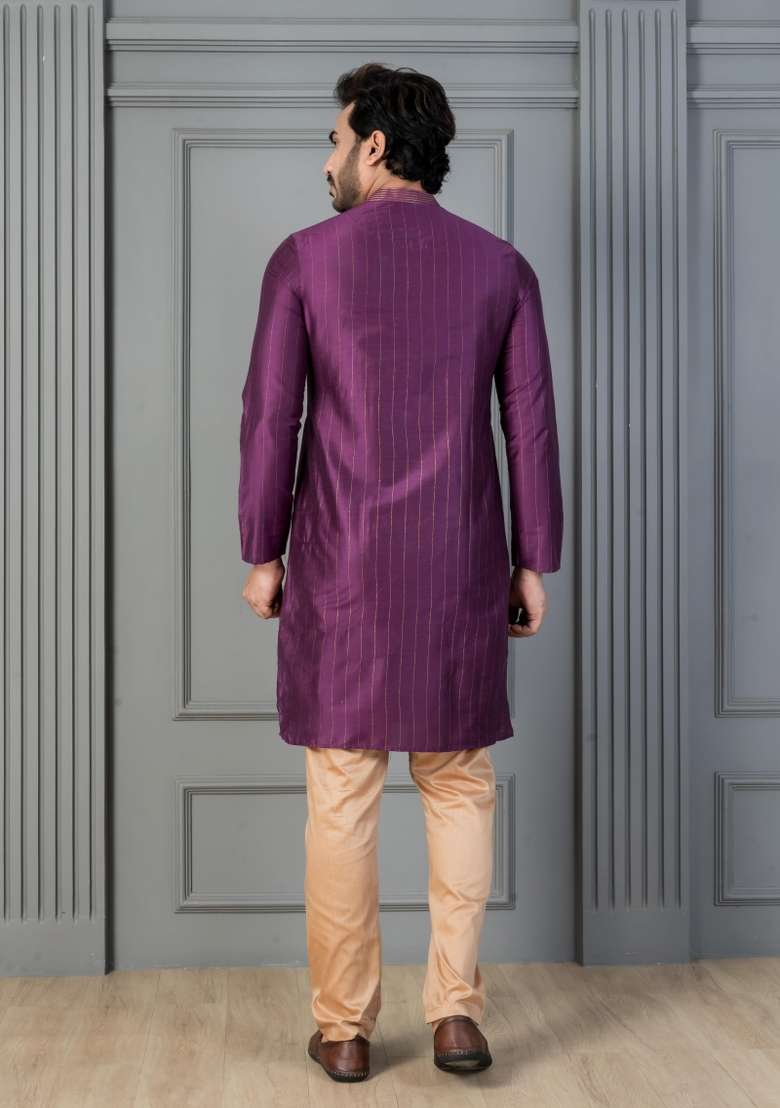 Purple Embroidery Silk Kurta Set For Men - Indya