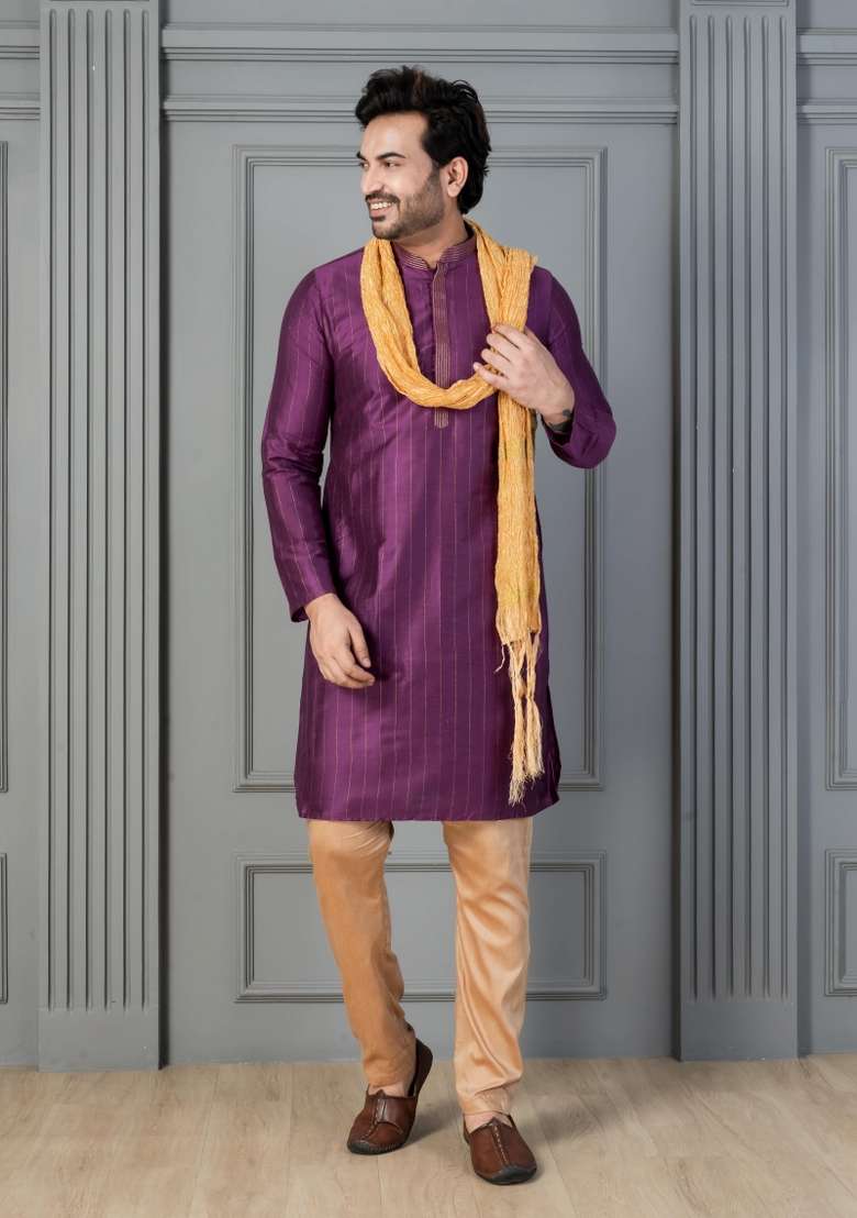Purple Embroidery Silk Kurta Set For Men - Indya