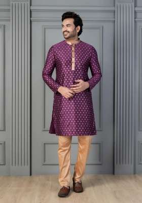 Purple Embroidery Silk Kurta Set For Men