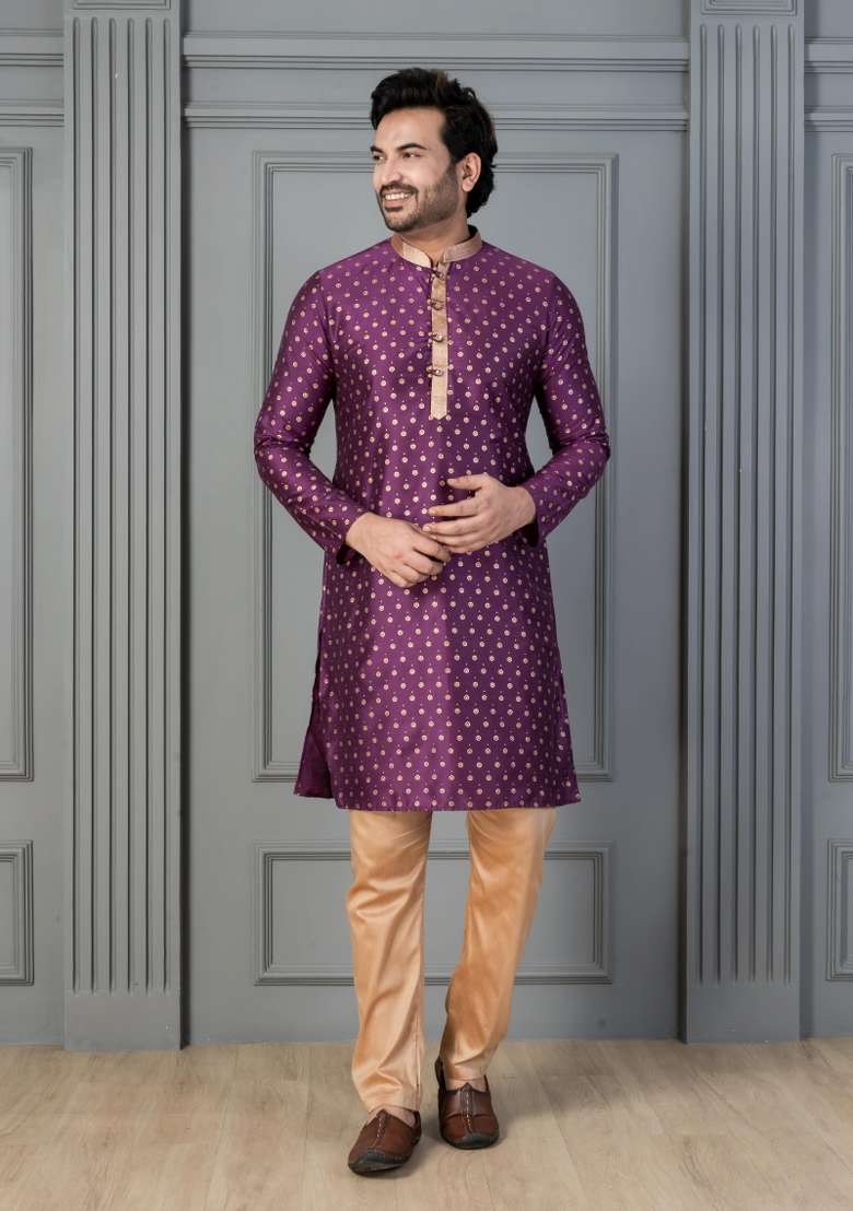 Purple Embroidery Silk Kurta Set For Men - Indya