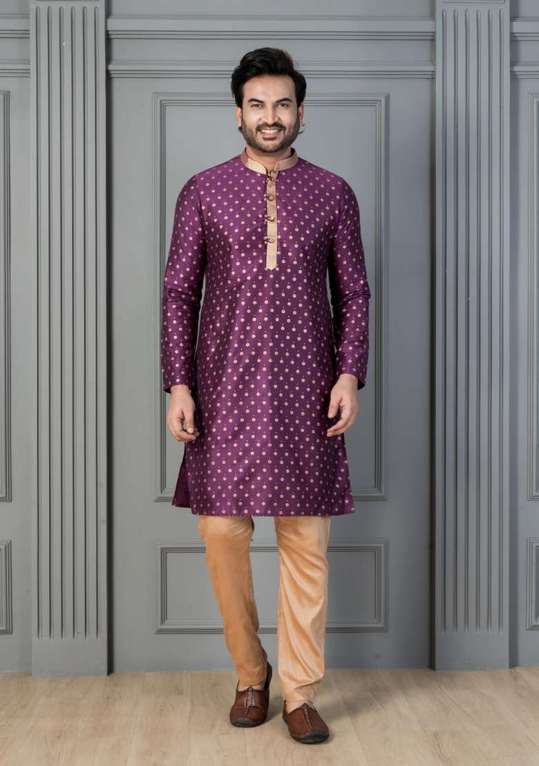 Purple Embroidery Silk Kurta Set For Men - Indya
