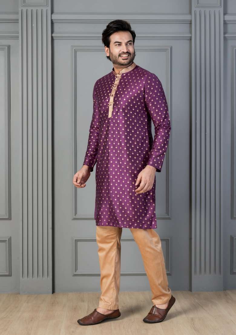 Purple Embroidery Silk Kurta Set For Men - Indya