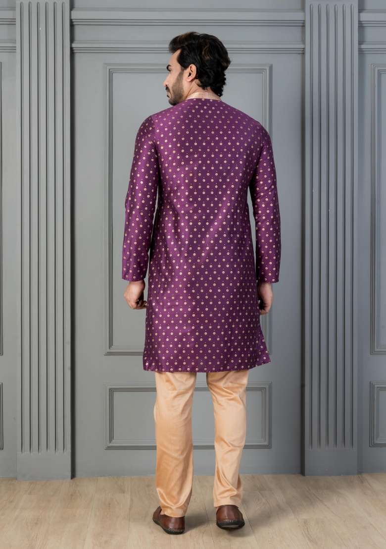 Purple Embroidery Silk Kurta Set For Men - Indya