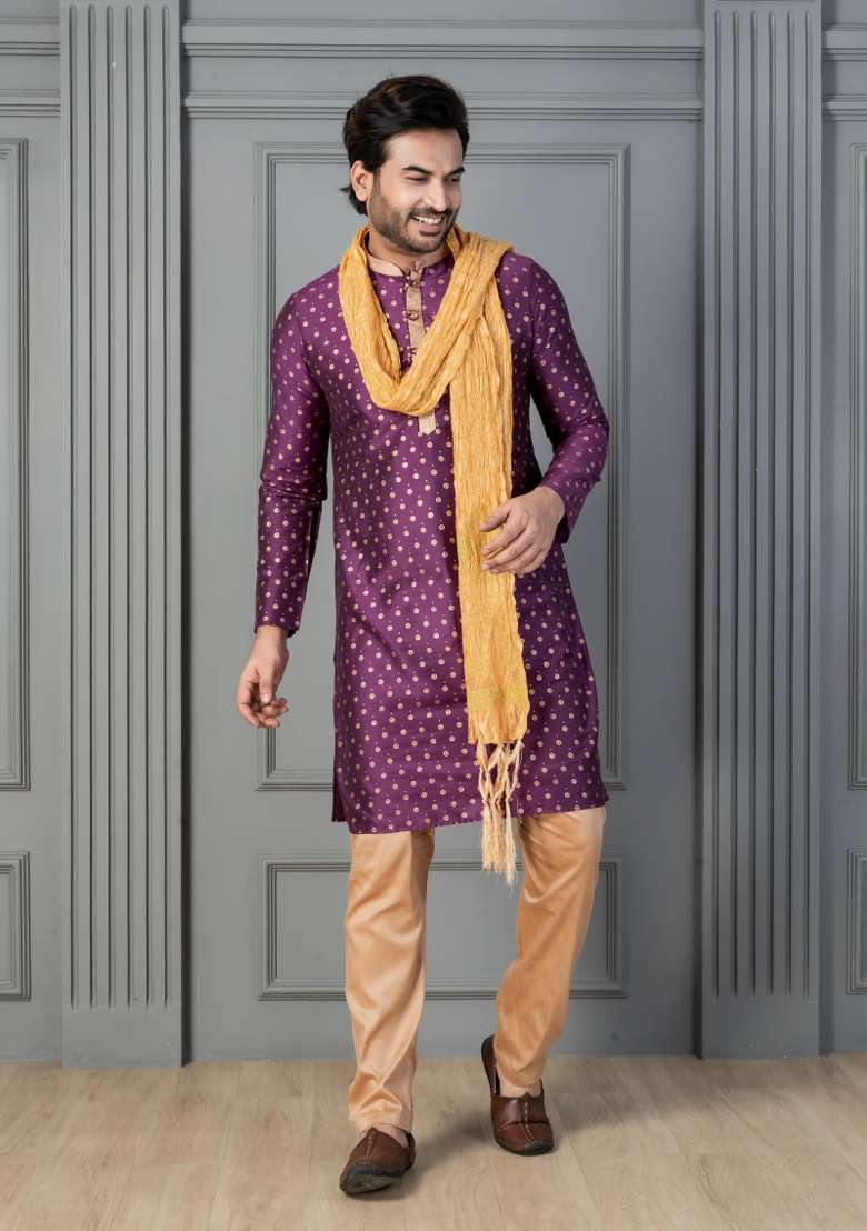 Purple Embroidery Silk Kurta Set For Men - Indya