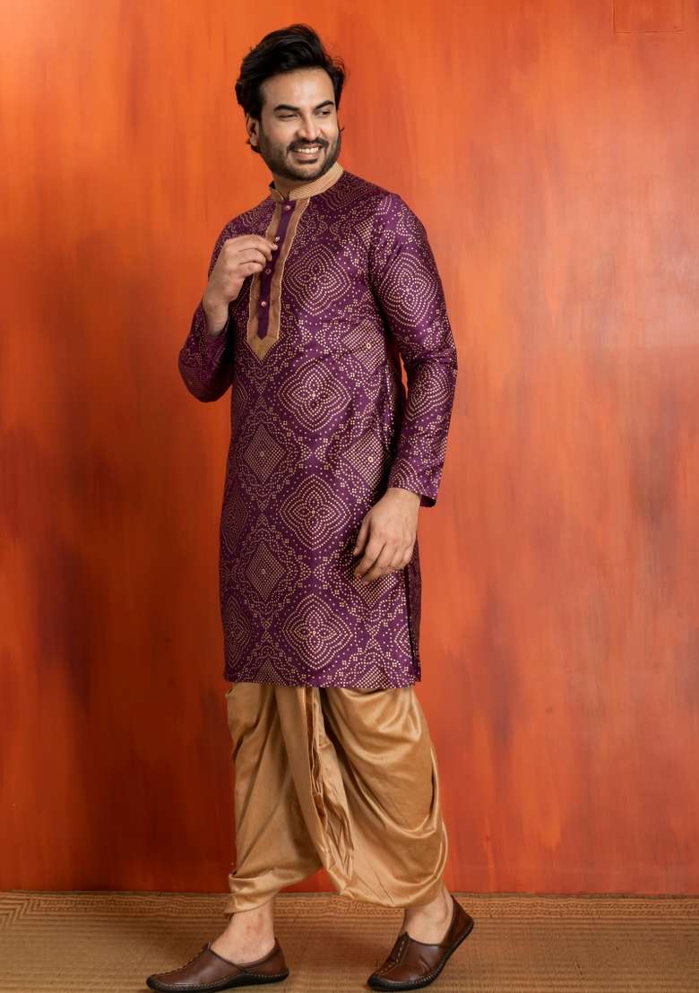 Purple Embroidery Silk Kurta Dhoti For Men - Indya