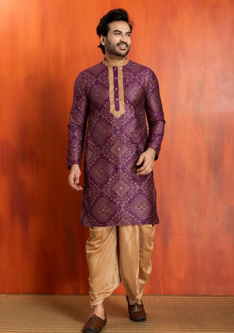 Purple Embroidery Silk Kurta Dhoti For Men - Indya
