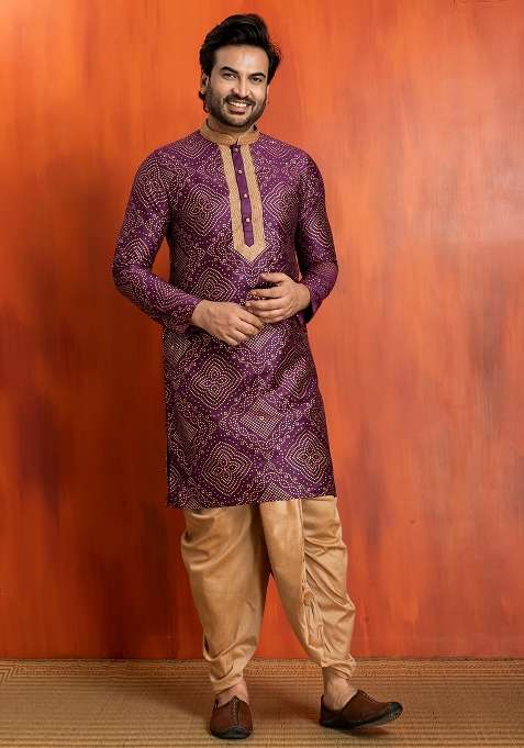 Purple Embroidery Silk Kurta Dhoti For Men