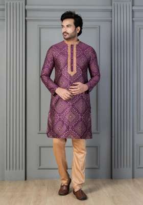 Purple Embroidery Silk Kurta Set For Men