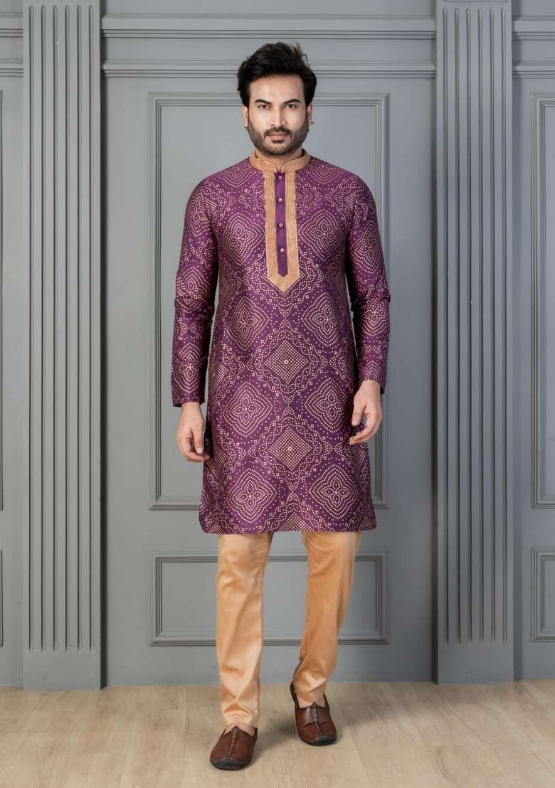 Purple Embroidery Silk Kurta Set For Men - Indya