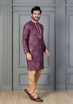Purple Embroidery Silk Kurta Set For Men