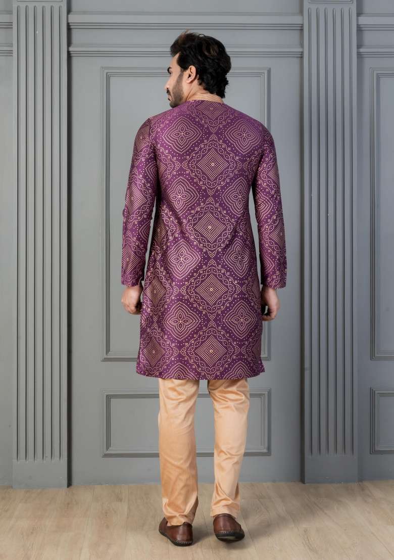Purple Embroidery Silk Kurta Set For Men - Indya