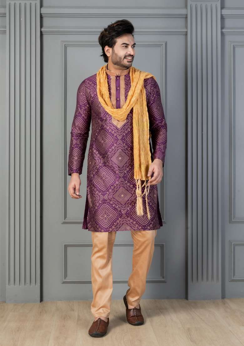 Purple Embroidery Silk Kurta Set For Men - Indya