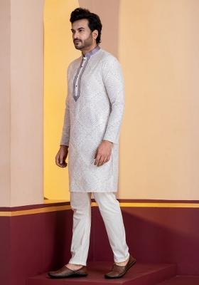 White Embroidery Silk Kurta For Men