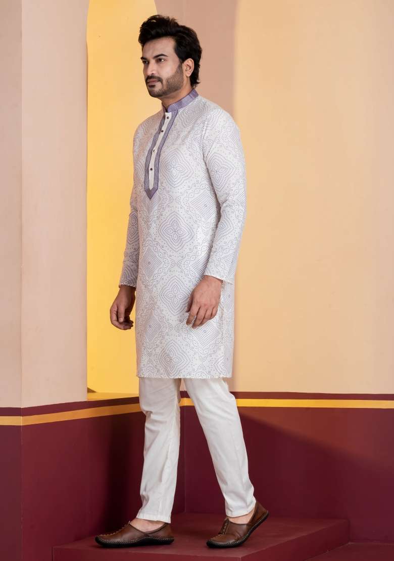 White Embroidery Silk Kurta For Men - Indya