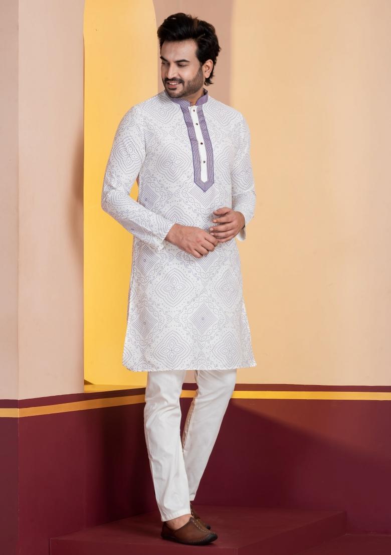 White Embroidery Silk Kurta For Men - Indya