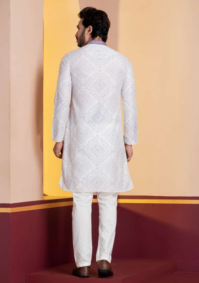 White Embroidery Silk Kurta For Men - Indya
