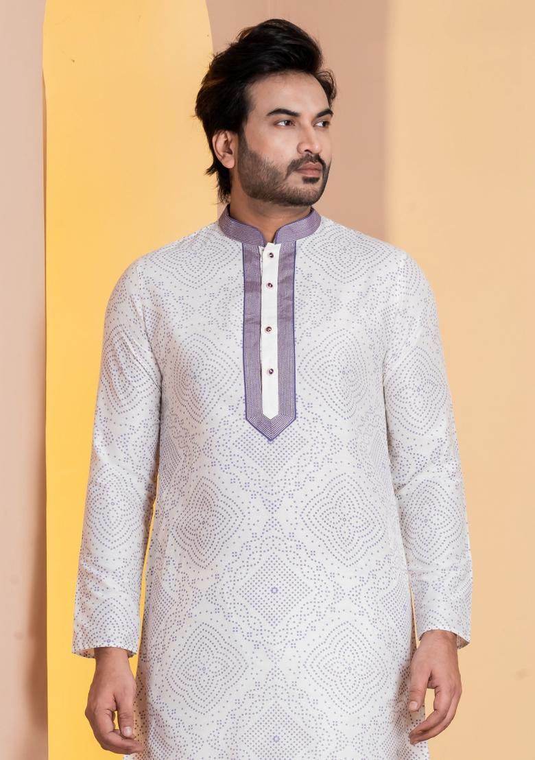 White Embroidery Silk Kurta For Men - Indya