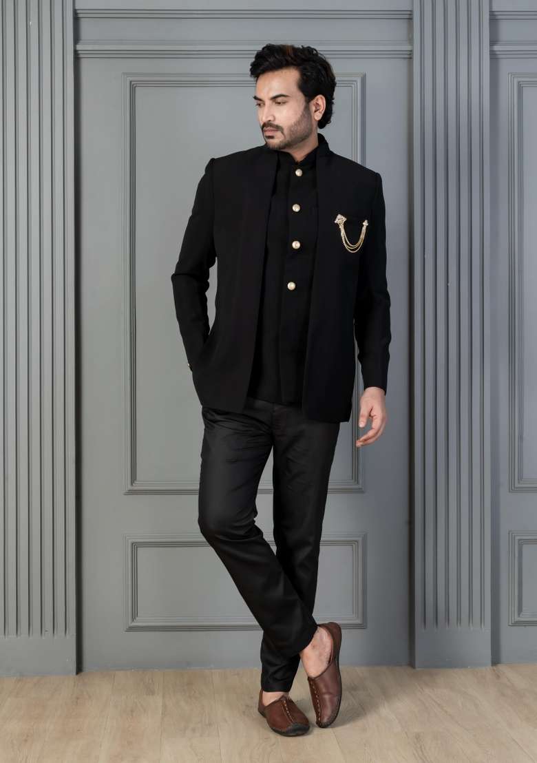 Black Embroidery Silk Sherwani Set For Men - Indya