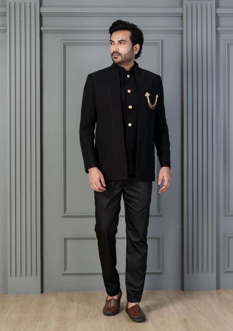 Black Embroidery Silk Sherwani Set For Men - Indya