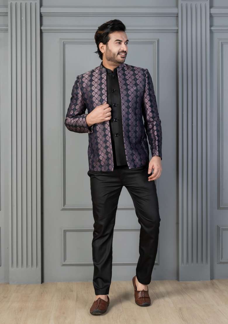Black Embroidery Silk Sherwani Set For Men - Indya