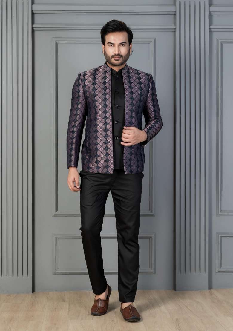 Black Embroidery Silk Sherwani Set For Men - Indya