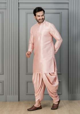 Pink Embroidery Silk Kurta Dhoti For Men
