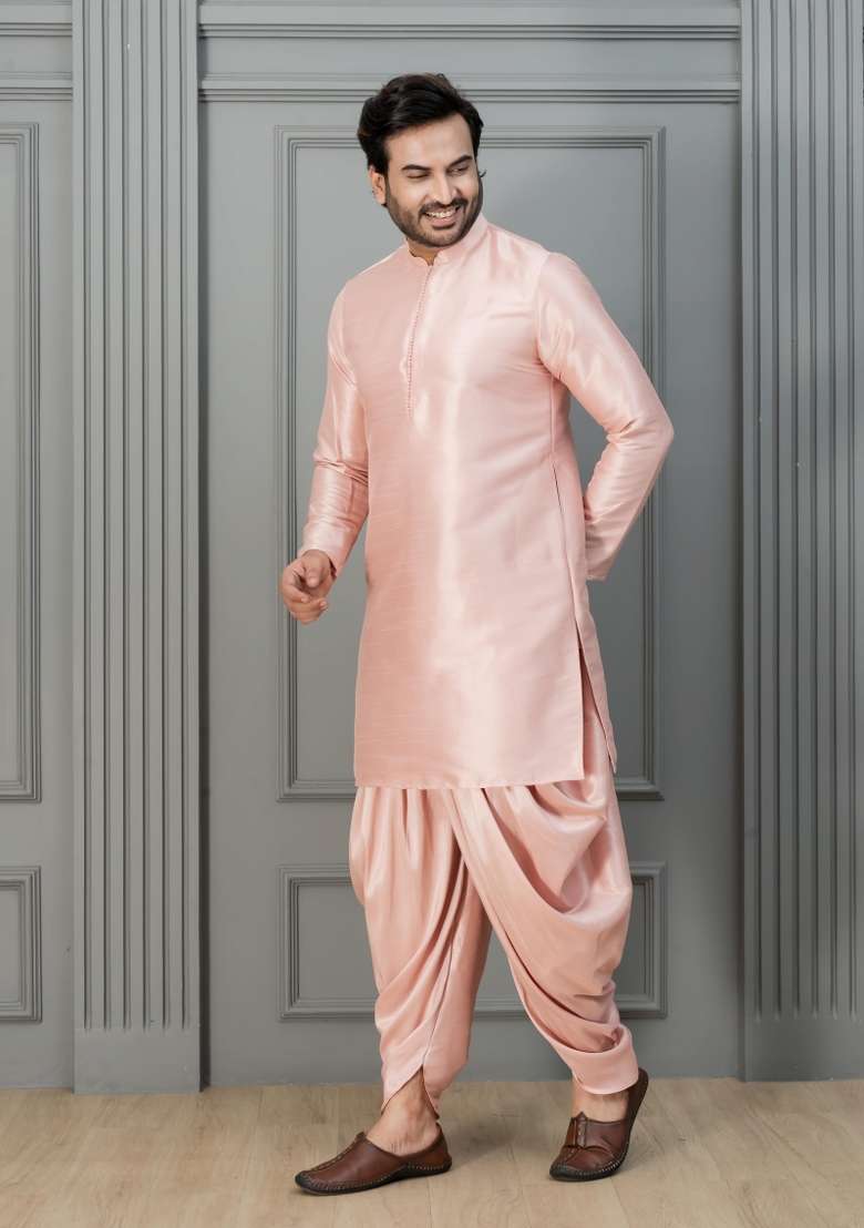 Pink Embroidery Silk Kurta Dhoti For Men - Indya