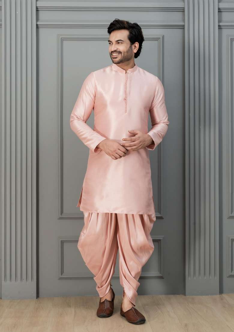 Pink Embroidery Silk Kurta Dhoti For Men - Indya