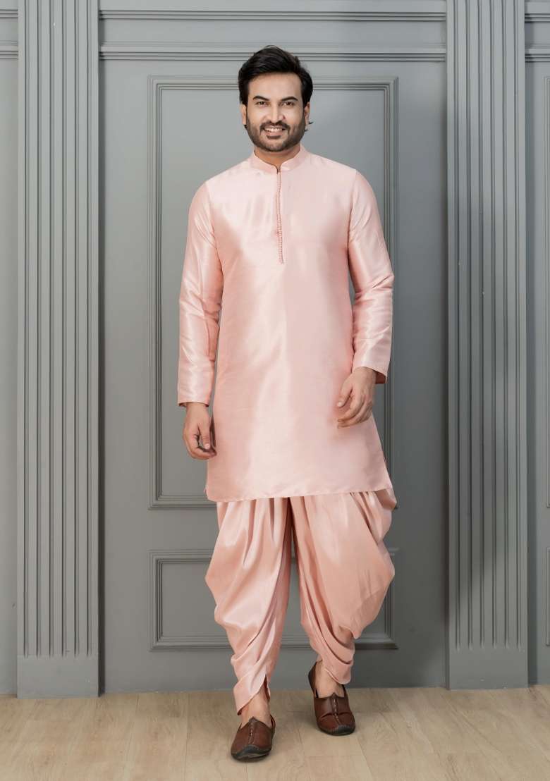 Pink Embroidery Silk Kurta Dhoti For Men - Indya
