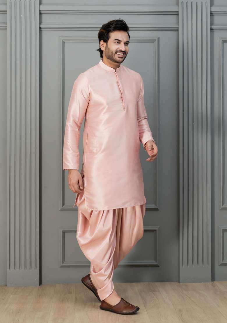 Pink Embroidery Silk Kurta Dhoti For Men - Indya