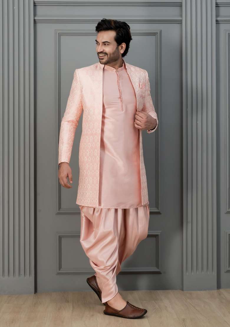 Pink Embroidery Jaquard Sherwani Set For Men - Indya