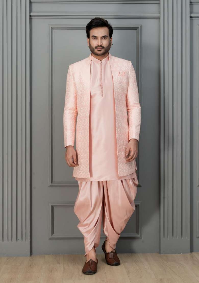Pink Embroidery Jaquard Sherwani Set For Men - Indya