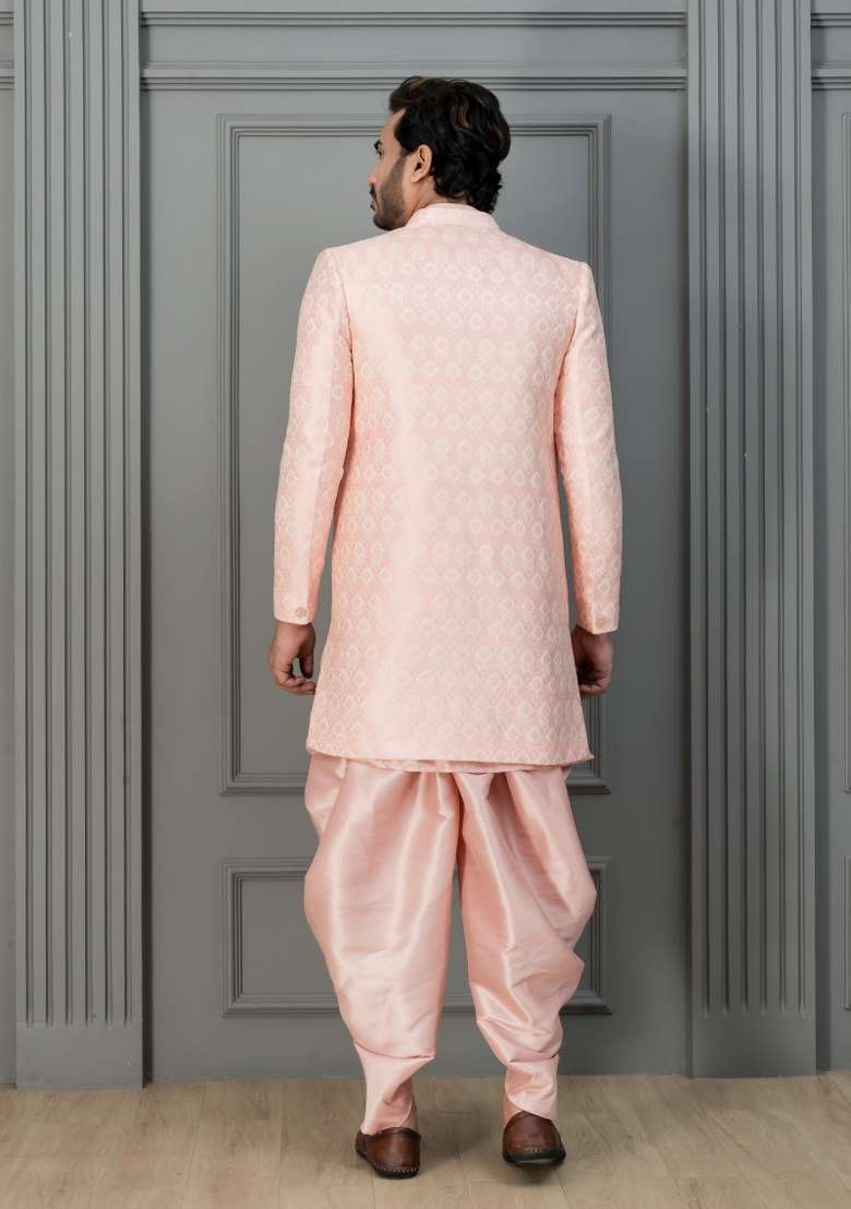 Pink Embroidery Jaquard Sherwani Set For Men - Indya