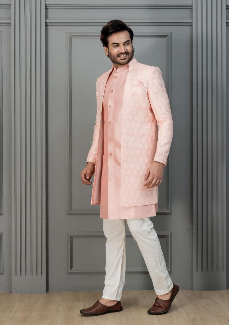 Pink Embroidery Silk Sherwani Set For Men - Indya