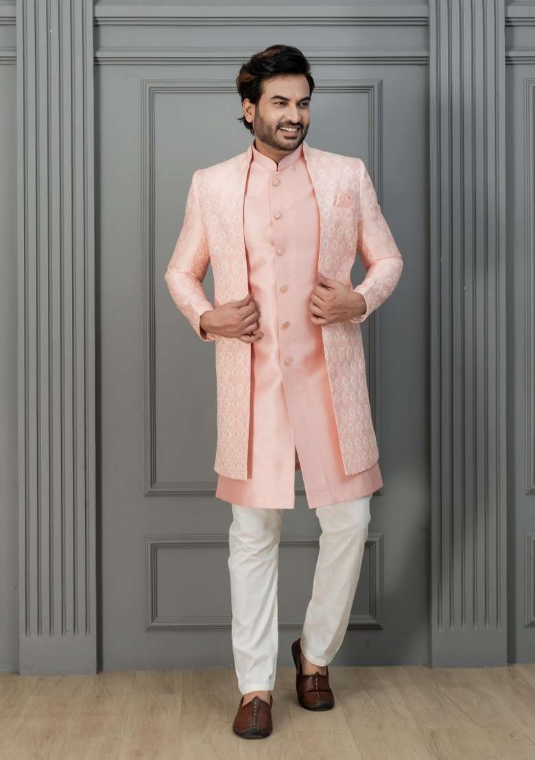 Pink Embroidery Silk Sherwani Set For Men - Indya