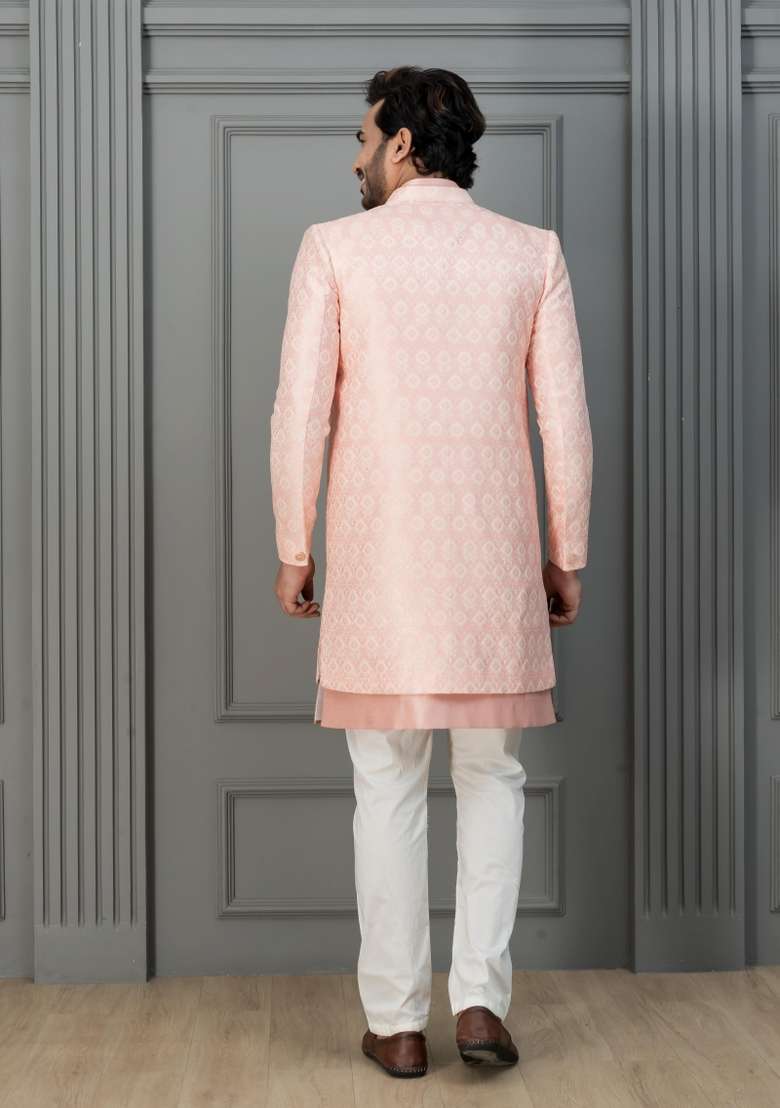 Pink Embroidery Silk Sherwani Set For Men - Indya
