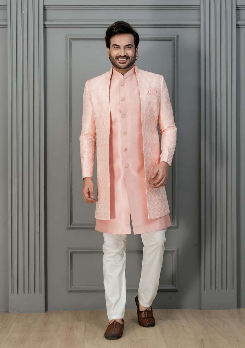 Pink Embroidery Silk Sherwani Set For Men - Indya