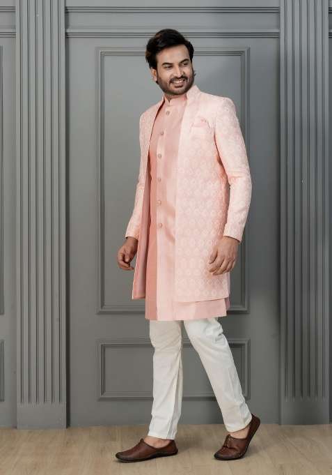Pink Embroidery Silk Sherwani Set For Men