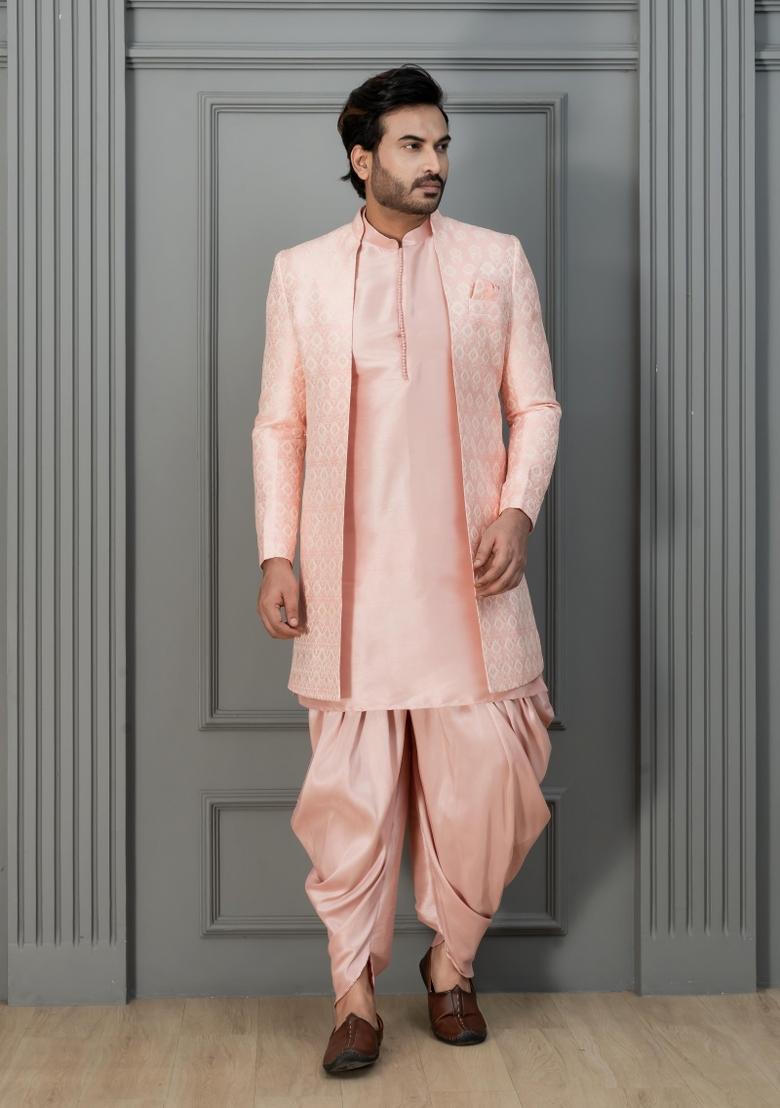Pink Embroidery Jaquard Sherwani Set For Men - Indya