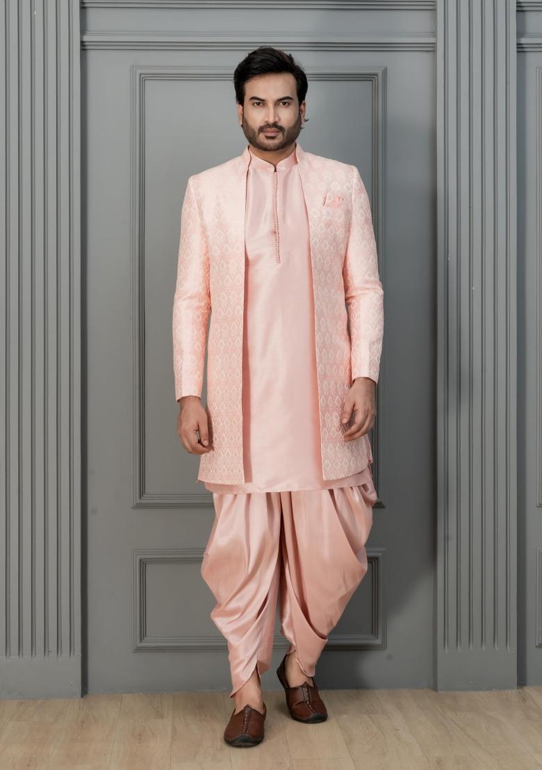 Pink Embroidery Jaquard Sherwani Set For Men - Indya
