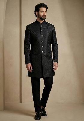 Black Jacquard Indo Western For Men