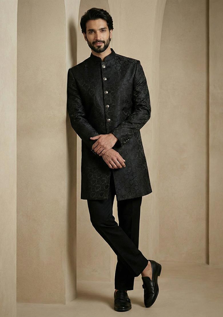 Black Jacquard Indo Western For Men - Indya